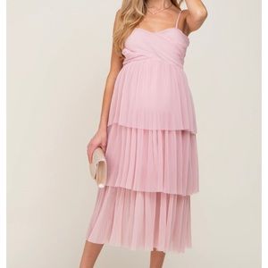 Pink Blush Pink Pleated Tiered Maternity Midi Dress
